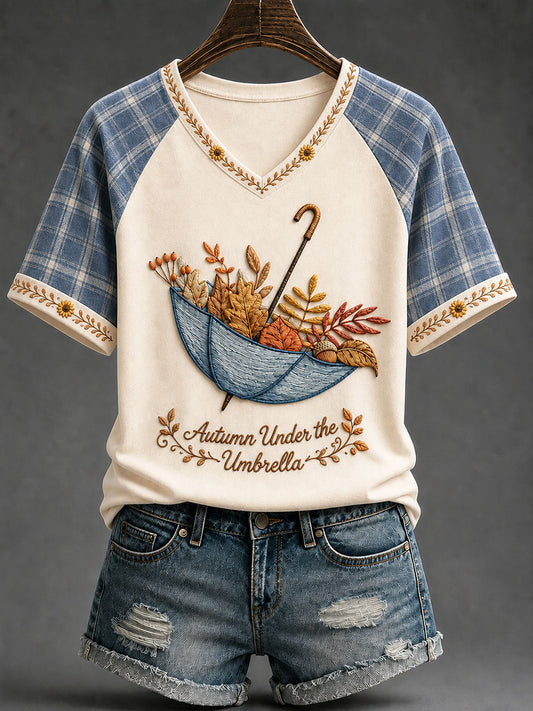 Camiseta casual feminina com estampa “Outono sob o guarda-chuva”