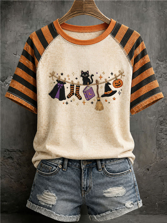 Camiseta casual feminina com estampa de gato preto