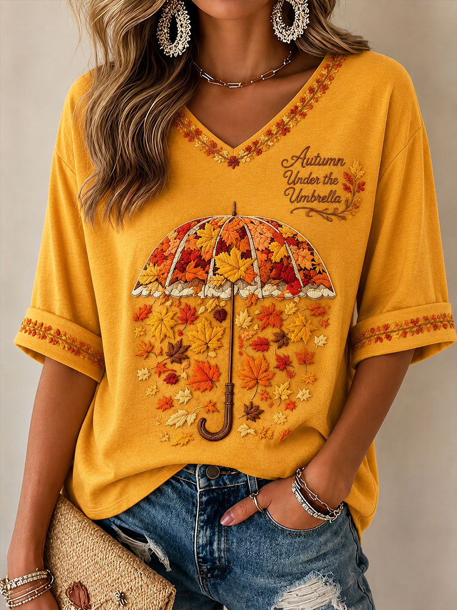 Camiseta casual feminina com estampa “Outono sob o guarda-chuva”