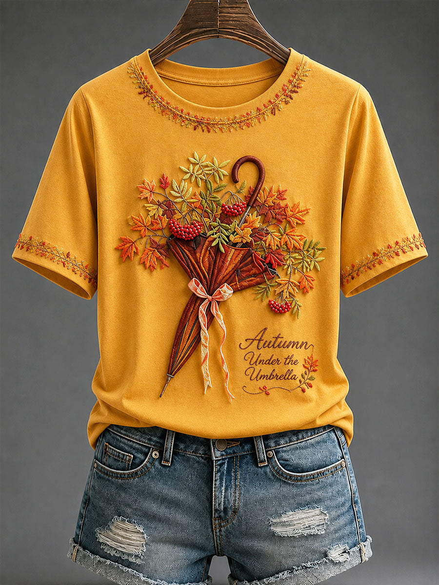Camiseta casual feminina com estampa “Outono sob o guarda-chuva”