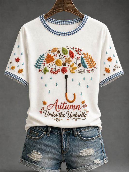Camiseta casual feminina com estampa “Outono sob o guarda-chuva”