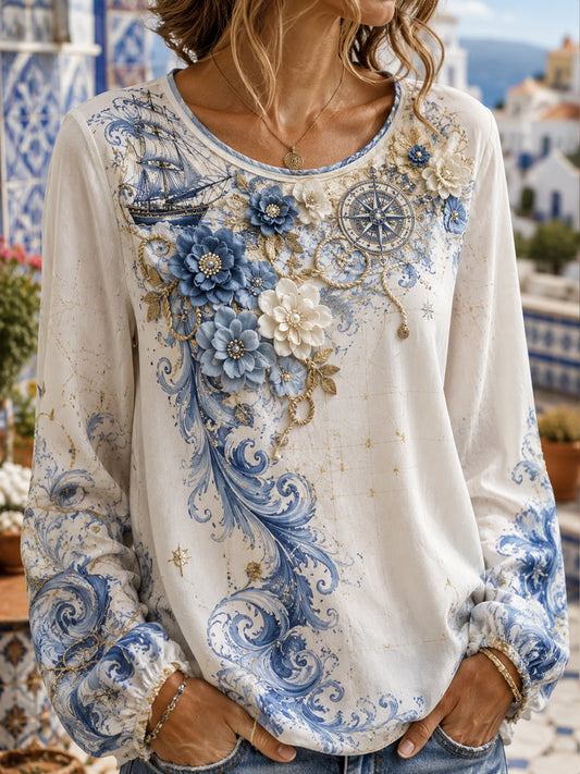 Blusa feminina portuguesa de manga comprida, com tema náutico e estampa artística