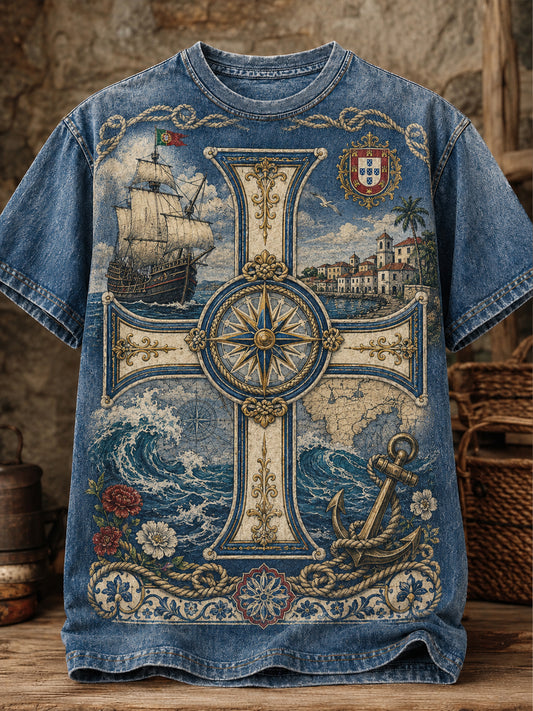 Camiseta masculina de mangas compridas com tema náutico português e estampa artística