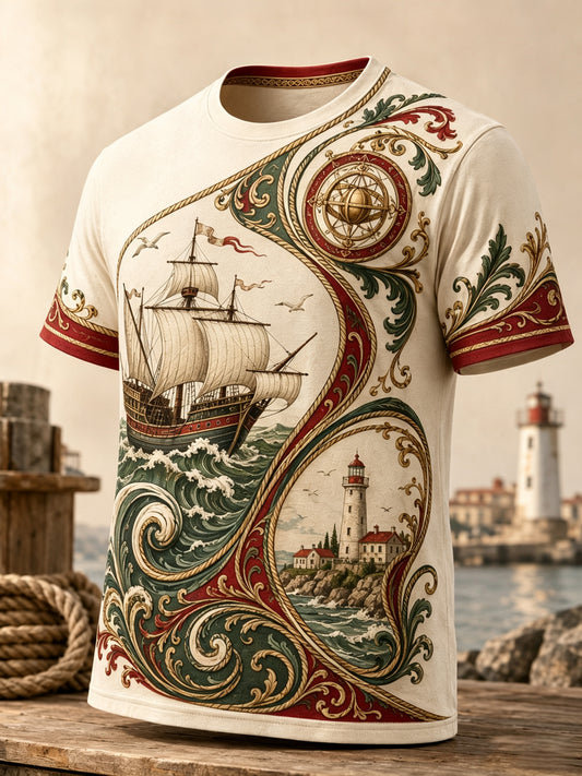 Espírito náutico português masculino temático camiseta de manga comprida com estampa artística