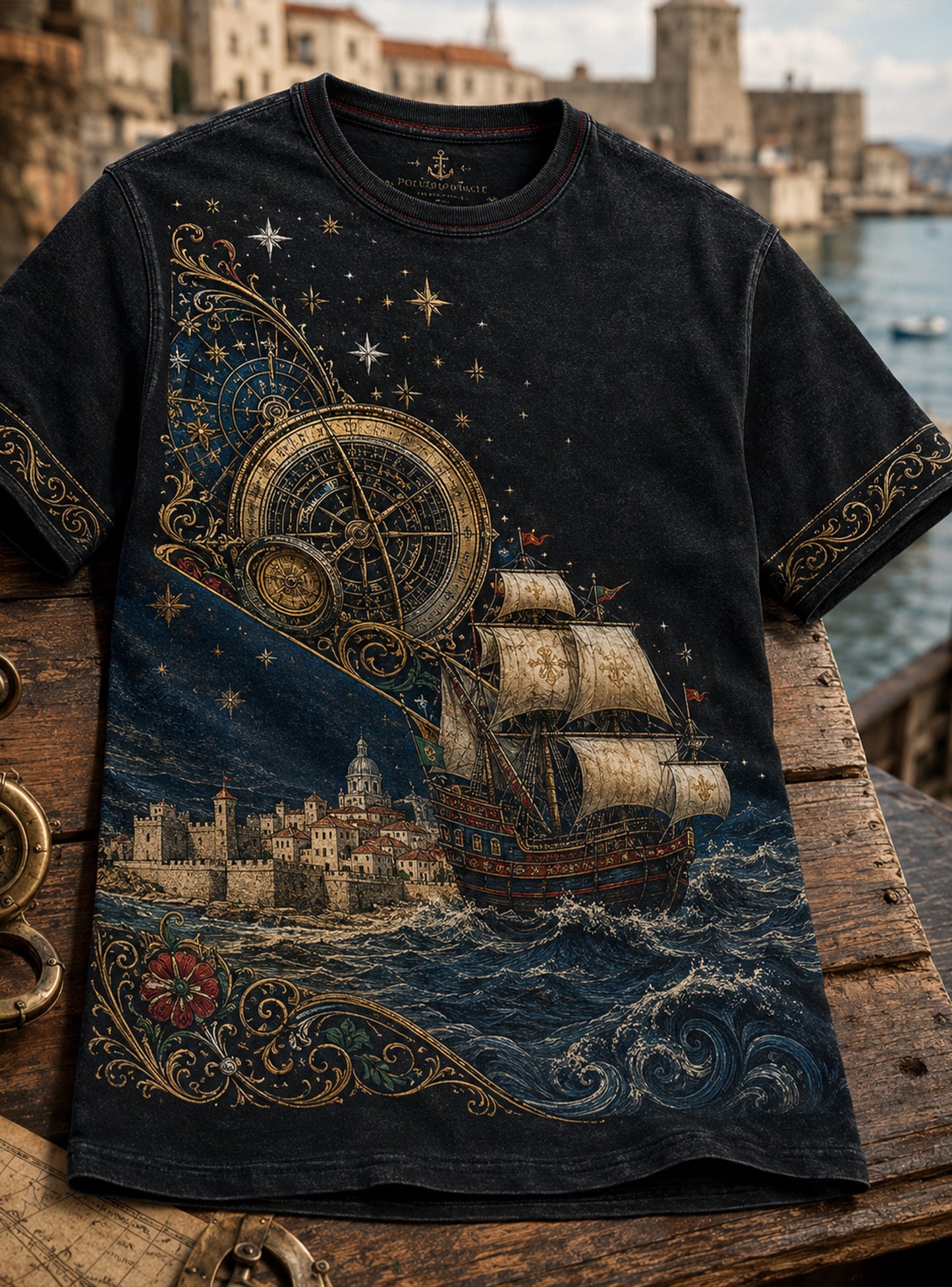Camiseta masculina de mangas compridas com tema náutico português e estampa artística