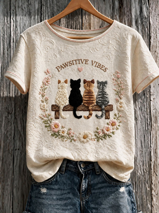 Dia do Amante de Gato Feminino Estampado Casual Camiseta de Manga Curta