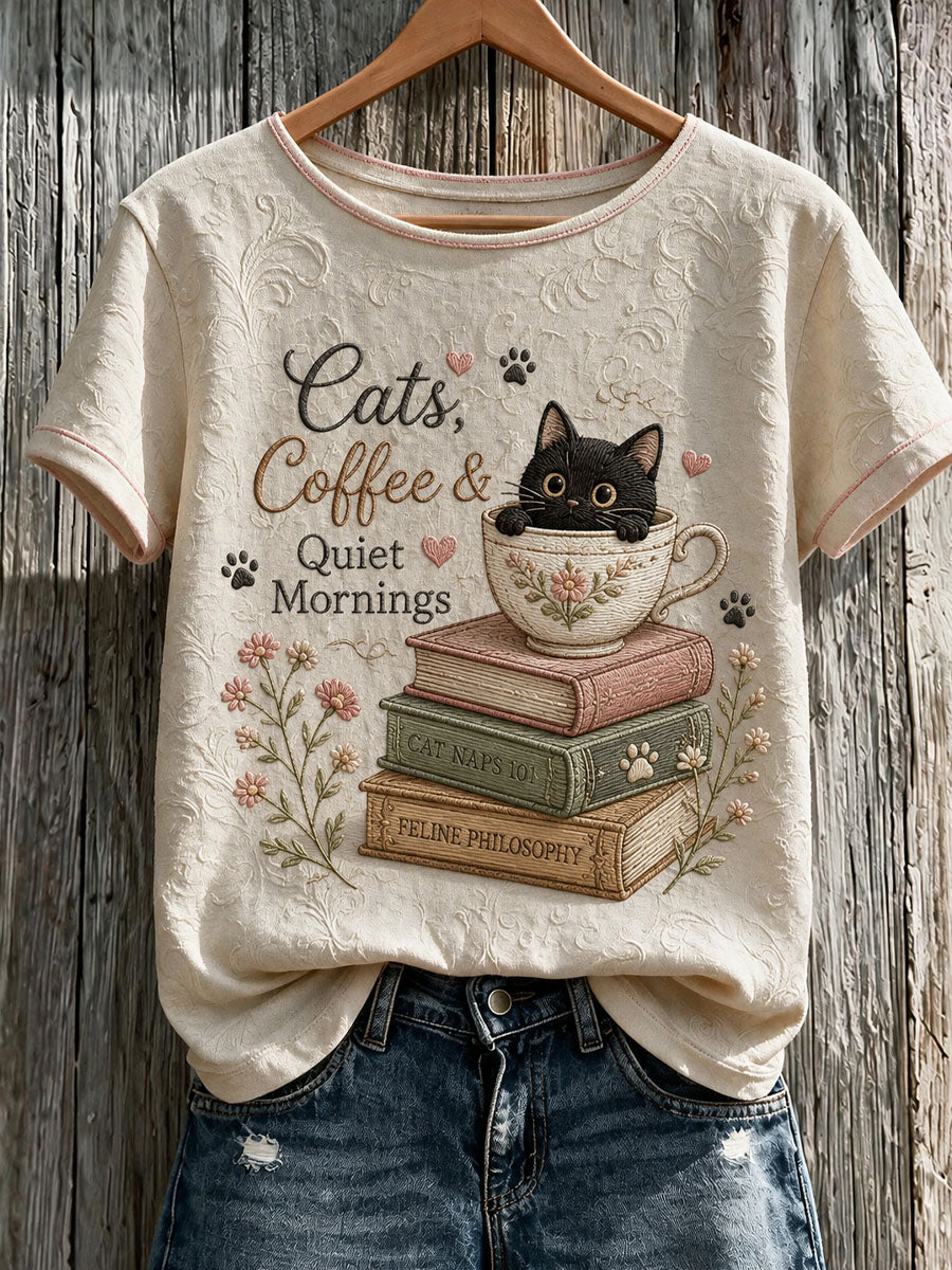 Camiseta casual de manga curta estampada para o Dia dos Amantes dos Gatos, feminina