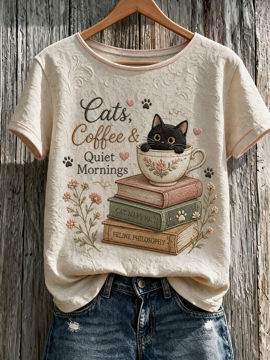 Camiseta casual de manga curta estampada para o Dia dos Amantes dos Gatos, feminina