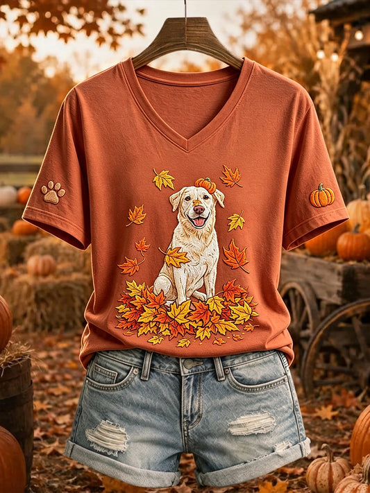 Cute outono Labrador feminino imprime T-shirt de manga curta pescoço V