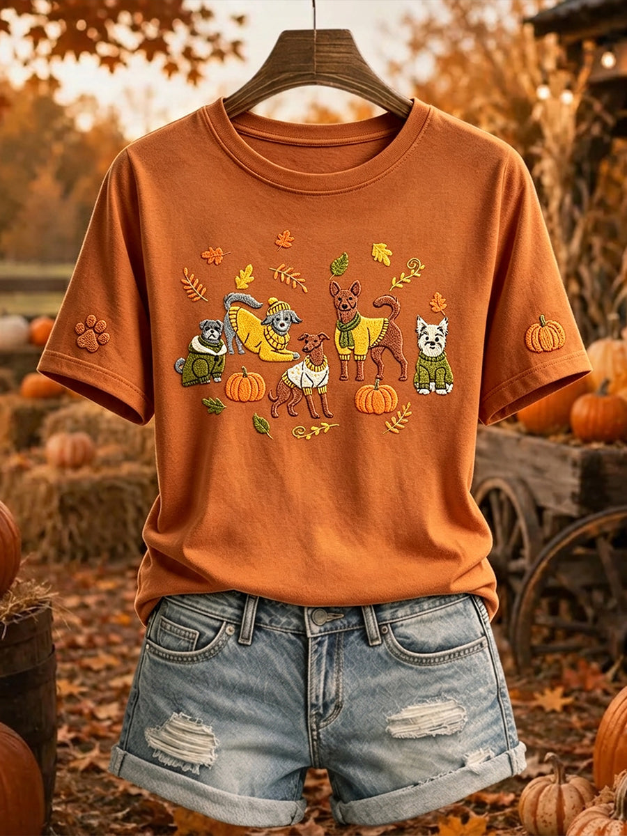 Cute Fall Dogs das mulheres imprimem T-shirt confortável de manga curta