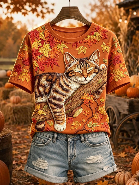 Gato de dormir bonito das mulheres na queda árvore impressão t-shirt de manga curta