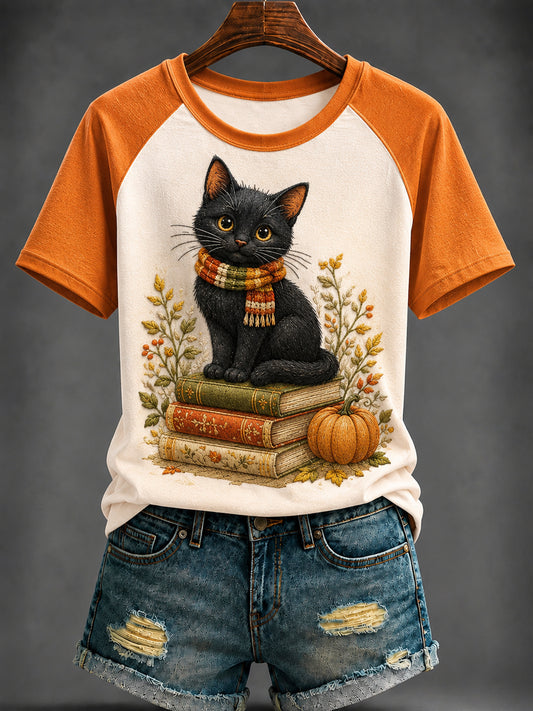 Camiseta feminina de outono com estampa de gato fofo