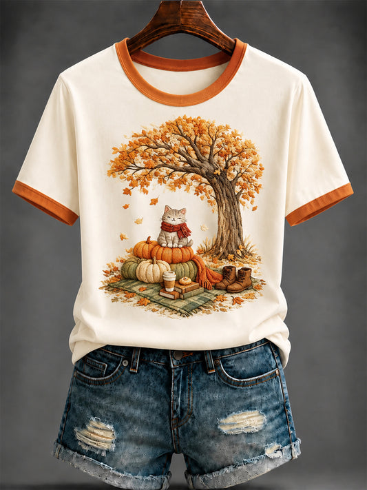Outono bonito gato das mulheres impresso t-shirt
