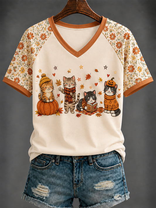 Outono gato bonito das mulheres impresso v-neck t-shirt