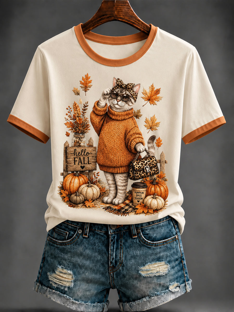 Camiseta feminina de outono com estampa de gato fofo