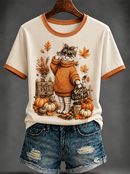Camiseta feminina de outono com estampa de gato fofo