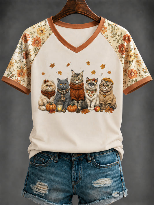 Camiseta feminina de outono com estampa de gato e decote em V