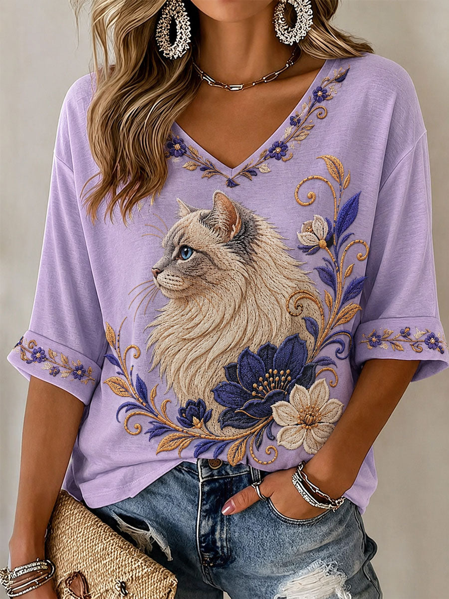 Camiseta Casual Feminina com Estampa de Gato Fofo