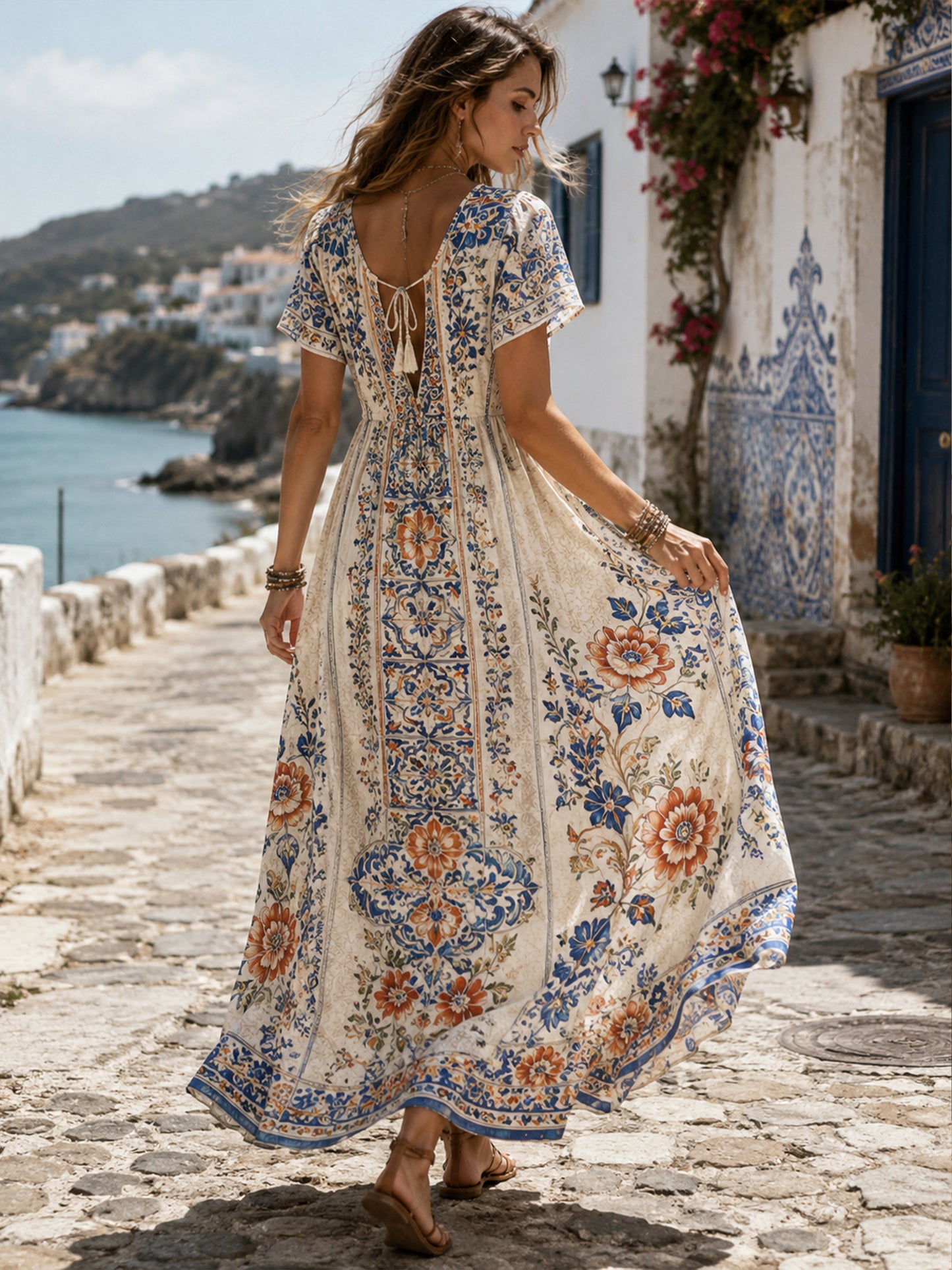 Vestido com Estampa Artística de Elemento Cultural de Azulejos Portugueses para Mulheres