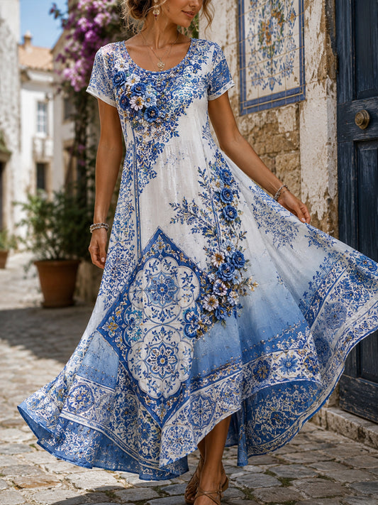 Vestido com Estampa Artística de Elemento Cultural de Azulejos Portugueses para Mulheres