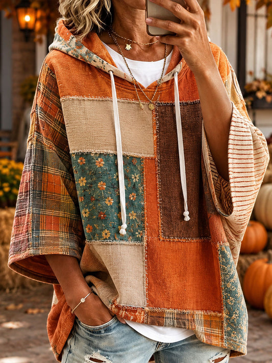 Moletom com Capuz Feminino de Outono com Estampa em Patchwork
