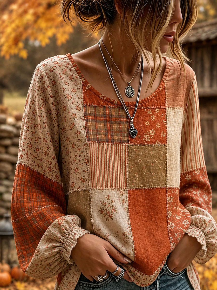 Camisa feminina de outono em patchwork, em algodão e linho com estampa artística