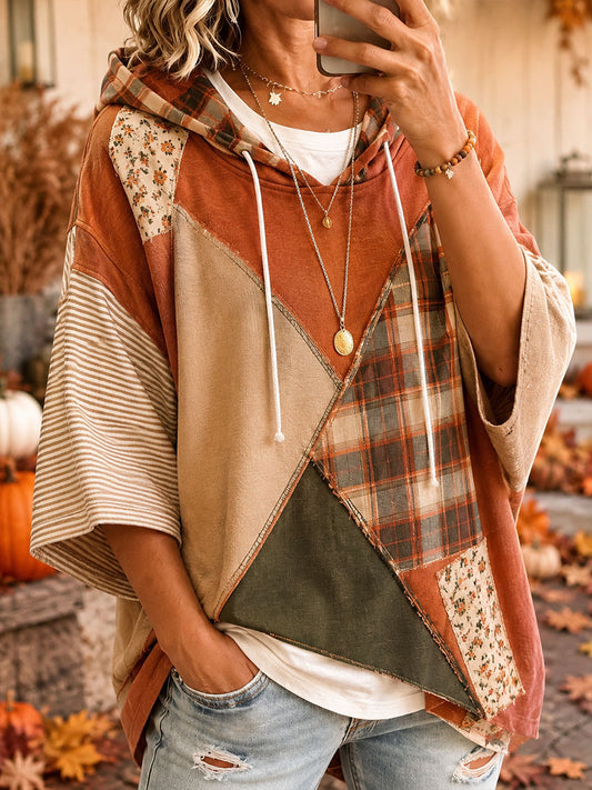 Moletom com Capuz Feminino de Outono com Estampa em Patchwork