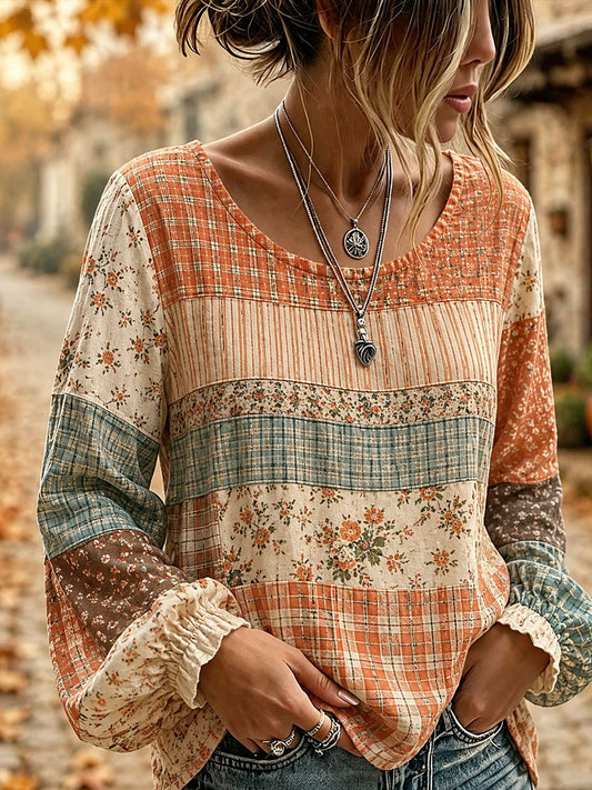 Camisa feminina de outono em patchwork artístico