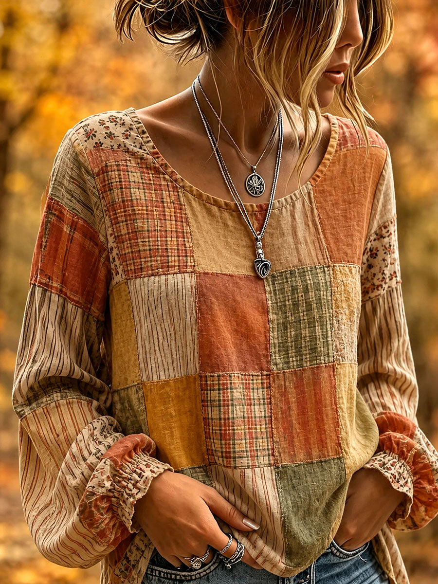 Camisa feminina de outono em patchwork artístico