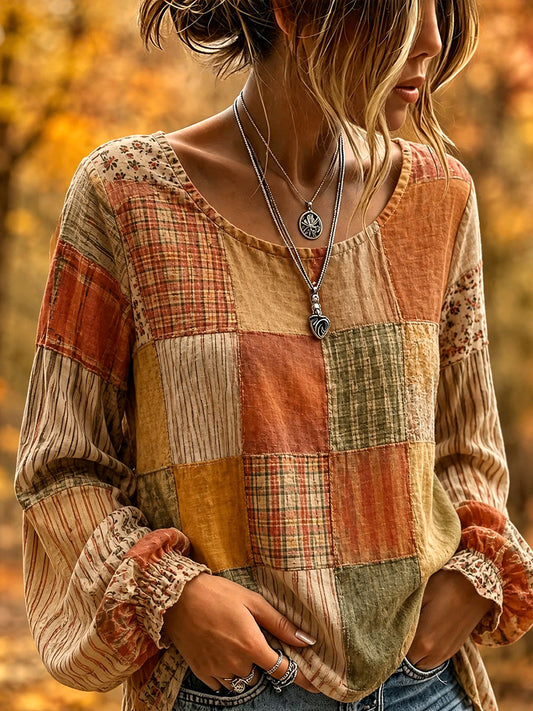 Camisa feminina de outono em patchwork artístico
