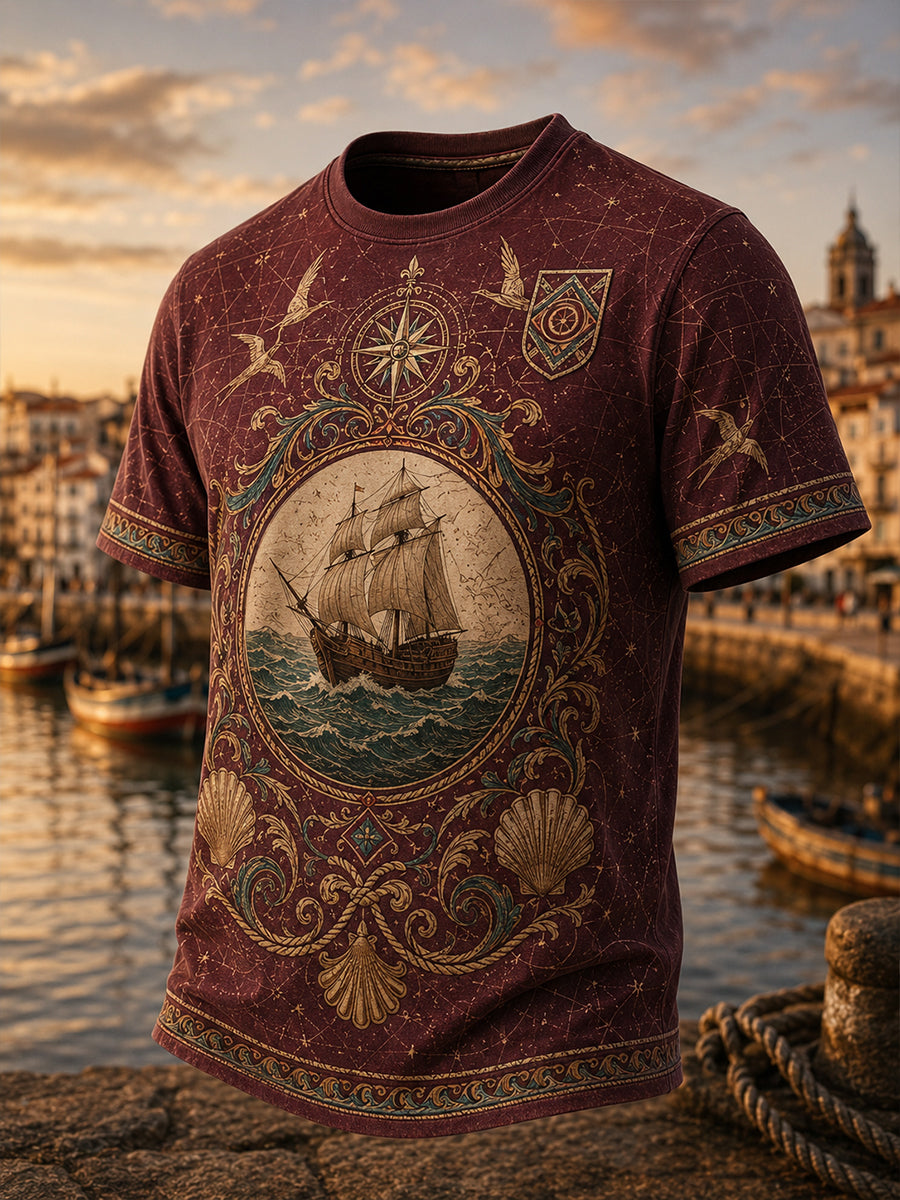 Camiseta com estampa artística de elementos culturais marítimos portugueses para homens