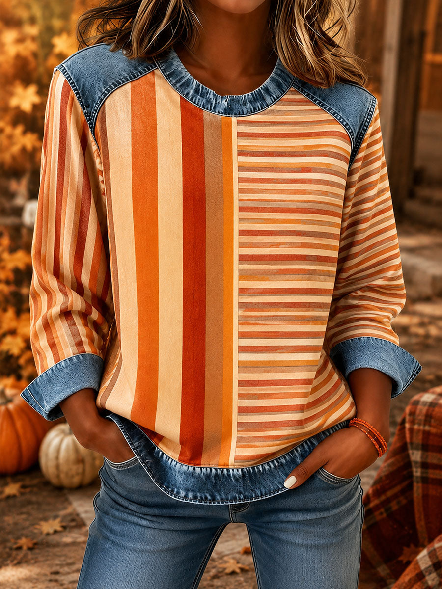 Outono das mulheres Xadrez impressão Denim Patchwork Top