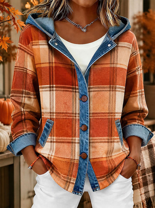 Cardigã de outono feminino com estampa xadrez, patchwork em jeans e capuz