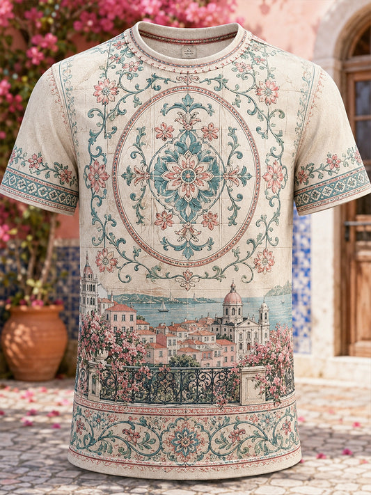 Camiseta com estampa artística de elemento cultural de azulejos portugueses para homens