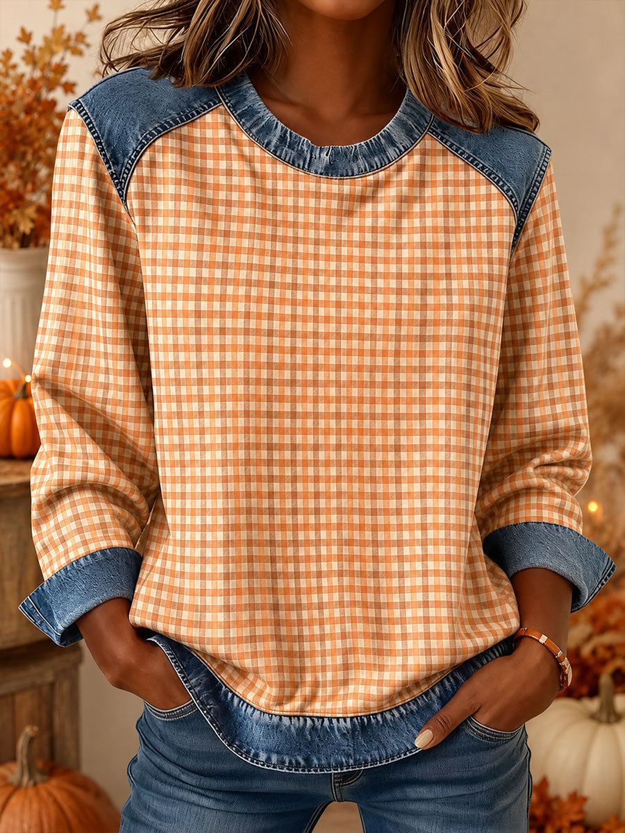 Blusa feminina de outono em jeans com estampa xadrez e patchwork
