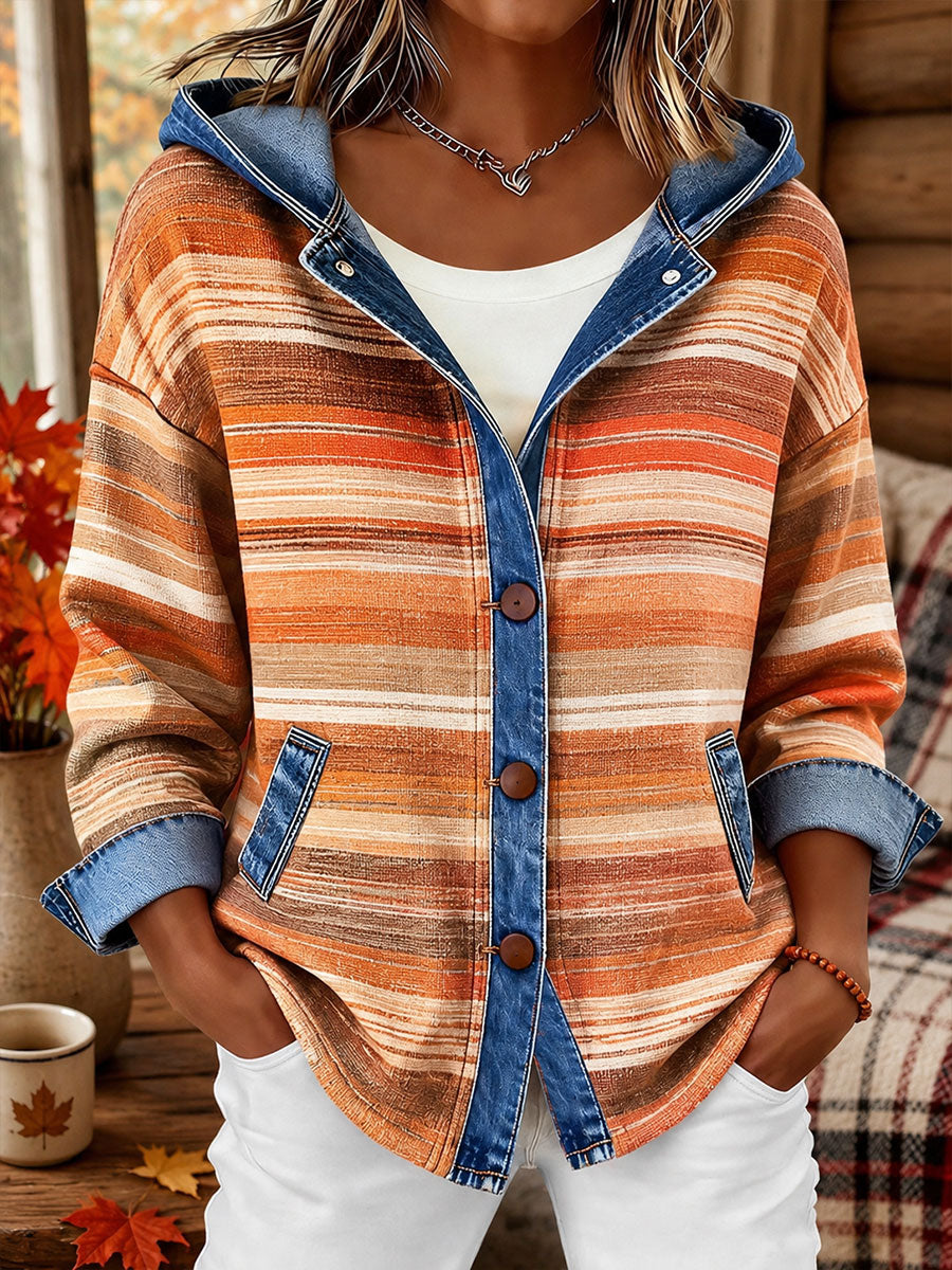 Queda xadrez impressão Denim Patchwork com capuz Cardigan feminino