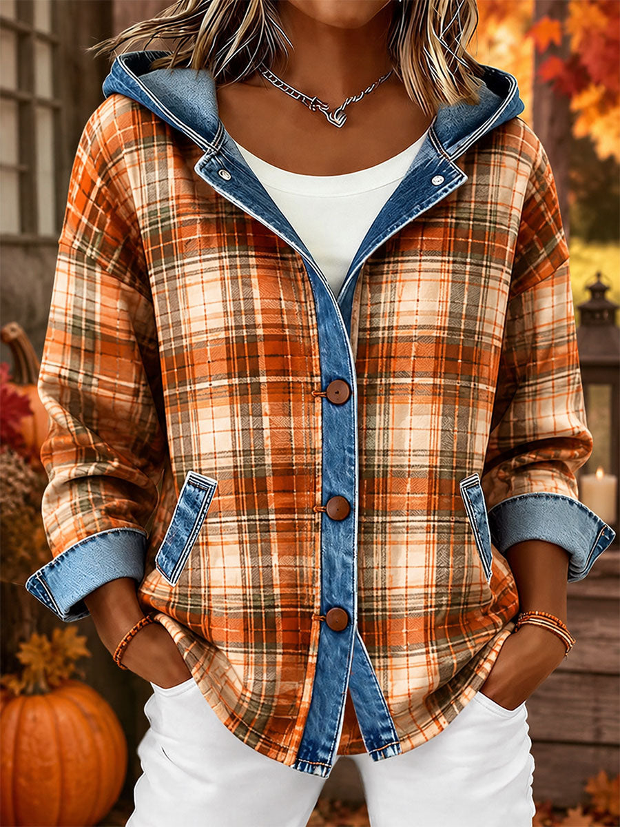 Cardigã de outono feminino com estampa xadrez, patchwork em jeans e capuz