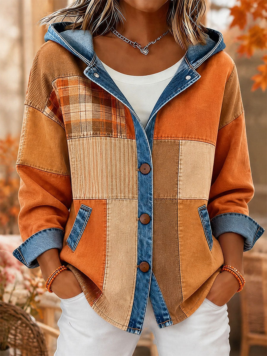 Cardigã de outono feminino com estampa xadrez, patchwork em jeans e capuz