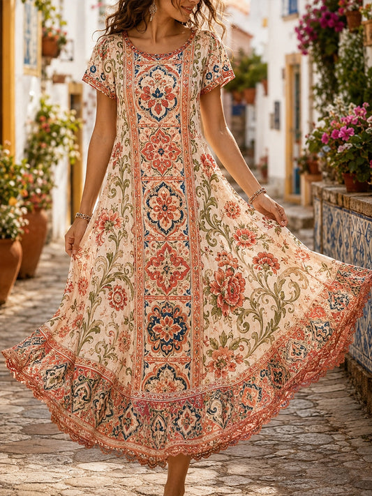 Vestido com Estampa Artística de Elemento Cultural de Azulejos Portugueses para Mulheres