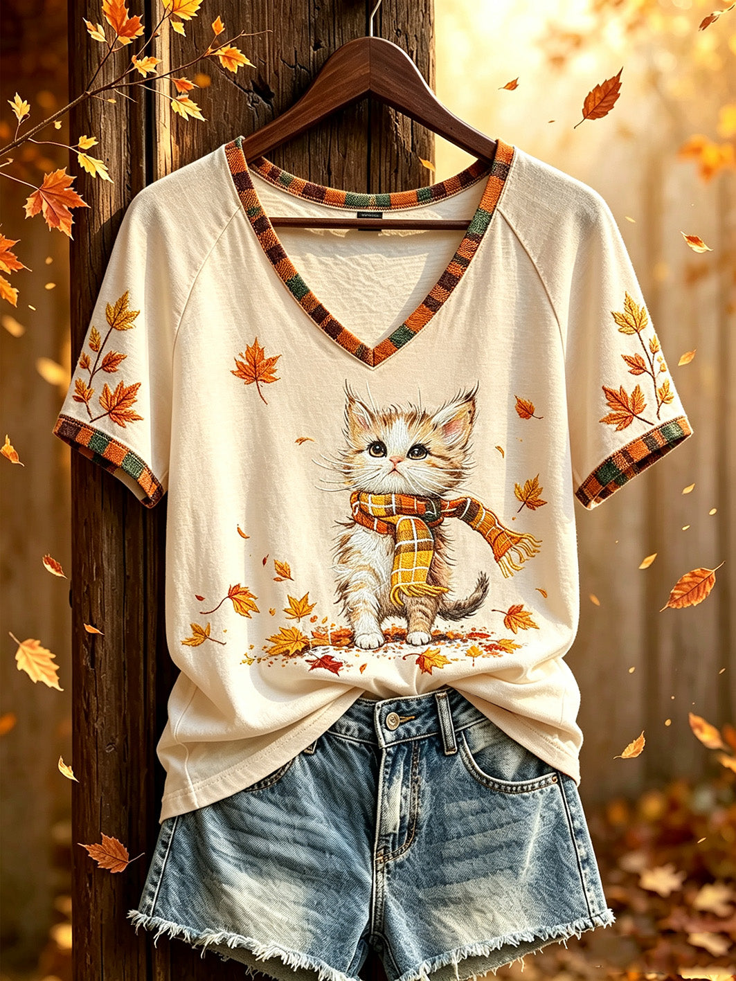 Padrão de tema outono feminino impresso casual camiseta de manga curta