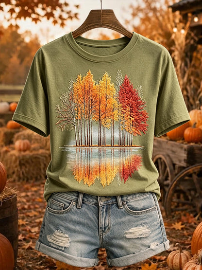 Árvores de outono Vintage feminino imprimem camiseta de manga curta aconchegante