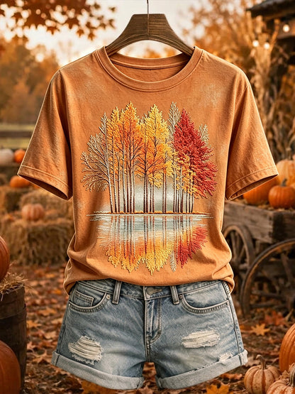 Árvores de outono Vintage feminino imprimem camiseta de manga curta aconchegante