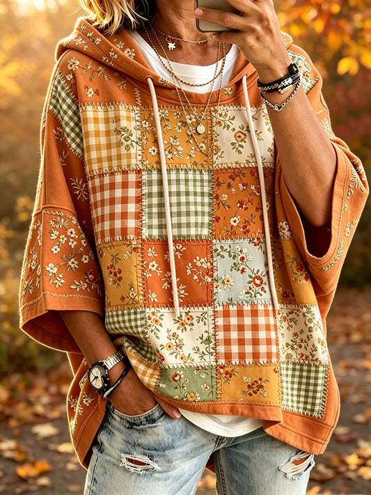 Vintage queda Floral Patchwork impressão acolhedor Hoodie de manga curta feminino
