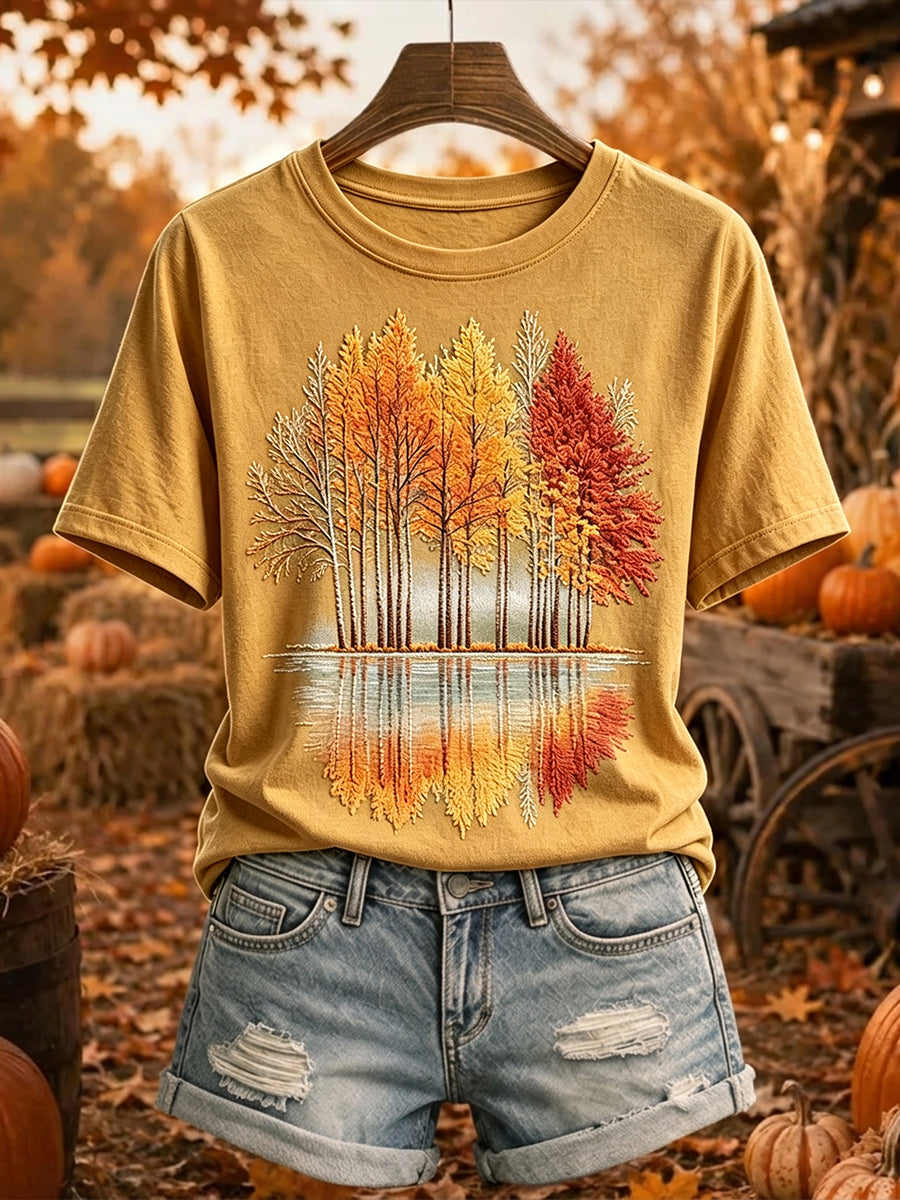 Árvores de outono Vintage feminino imprimem camiseta de manga curta aconchegante