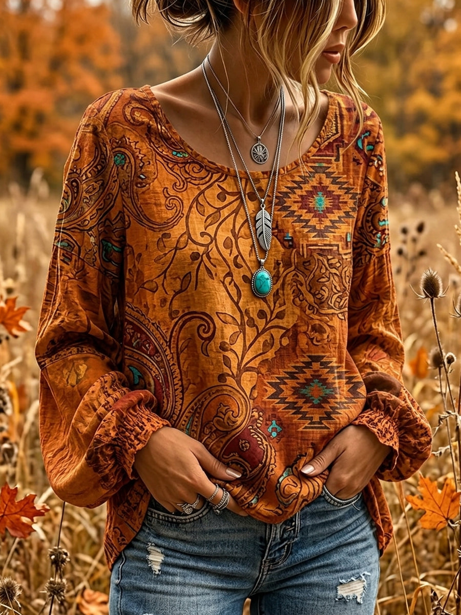 Camisa feminina vintage de outono em algodão-linho com estampa étnica