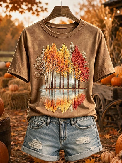 Árvores de outono Vintage feminino imprimem camiseta de manga curta aconchegante