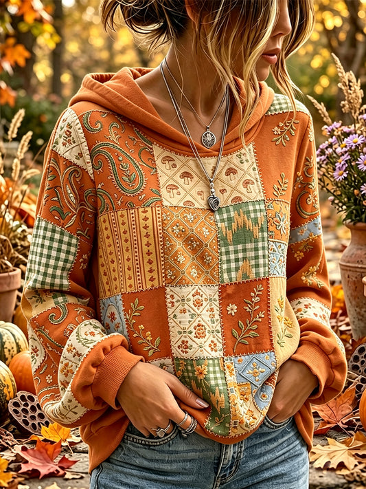 Vintage queda Floral Patchwork impressão confortável moletom com capuz feminino