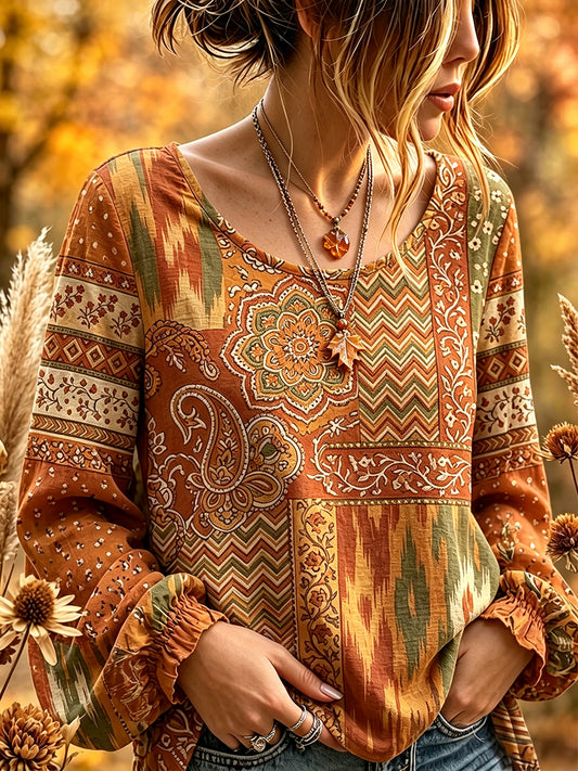 Vintage outono Patchwork étnica impressão algodão-linho camisa do mulheres