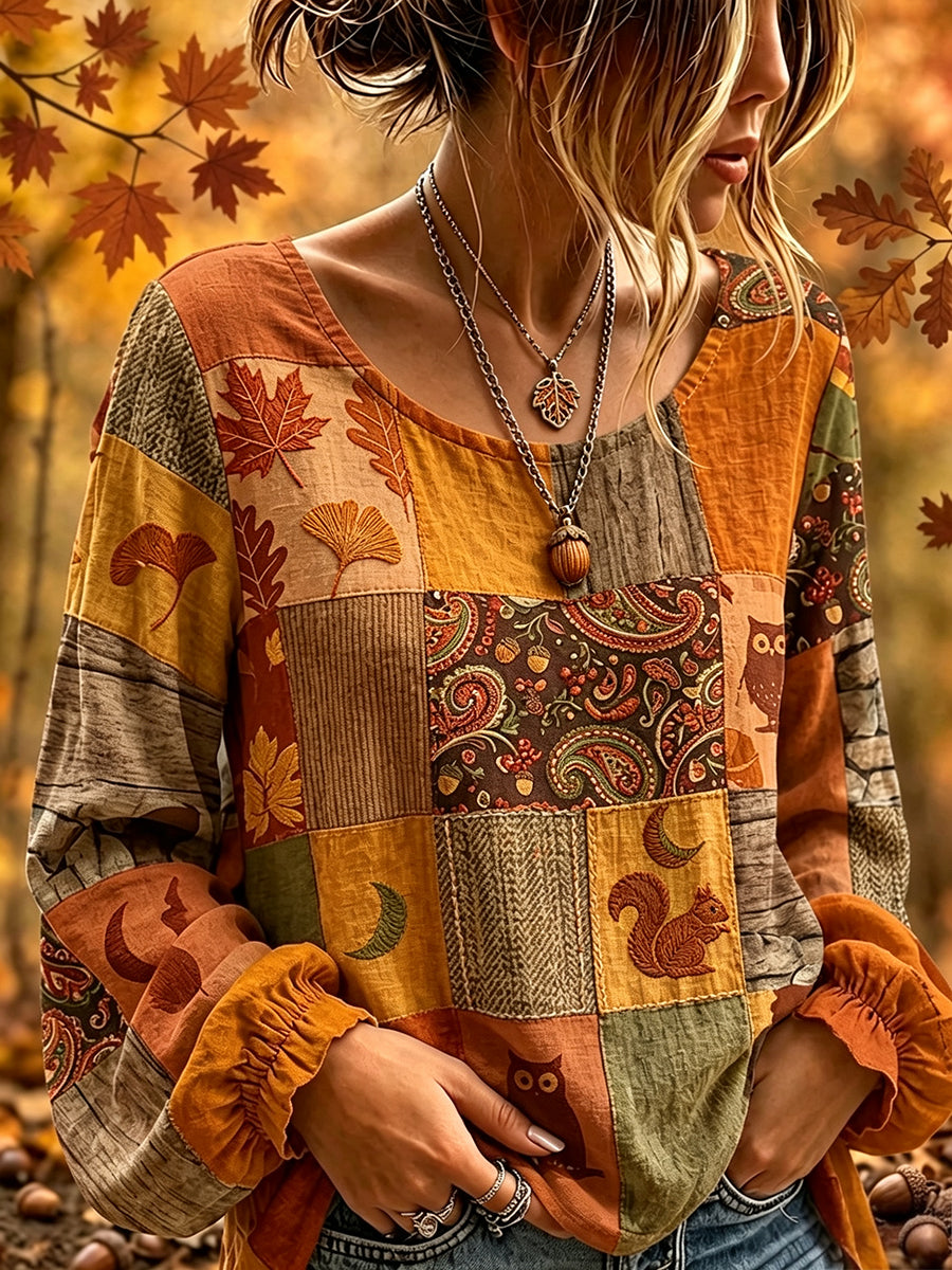 Vintage outono Patchwork impressão algodão-linho camisa do mulheres