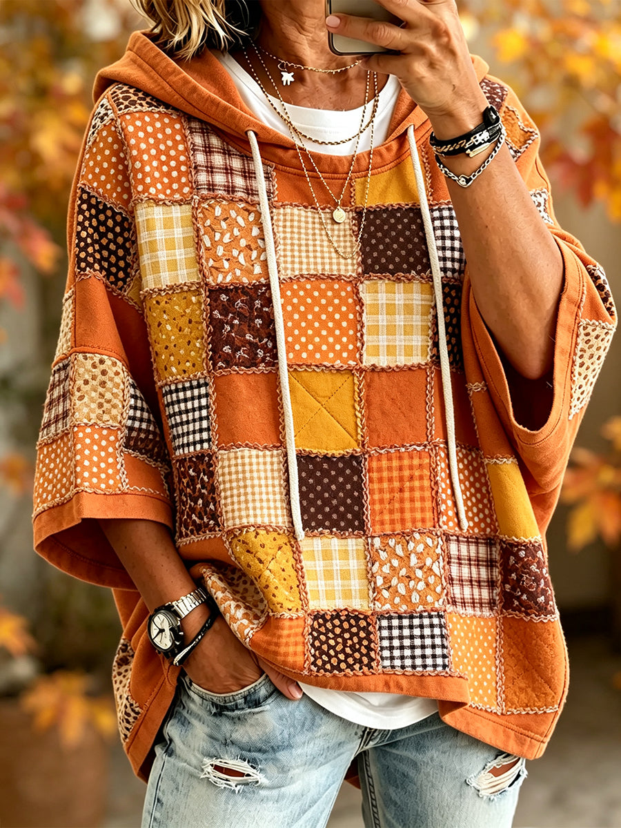 Outono Patchwork retrô impressão acolhedor Hoodie de manga curta feminino